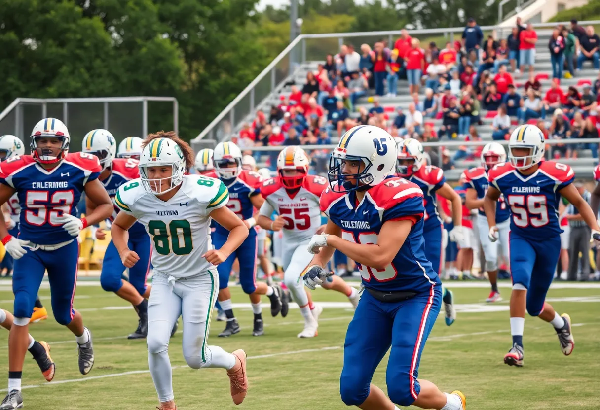 High school football game with athletes in action