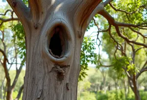 Close-up of an oak tree showing signs of invasive beetle infestation in Los Angeles County.