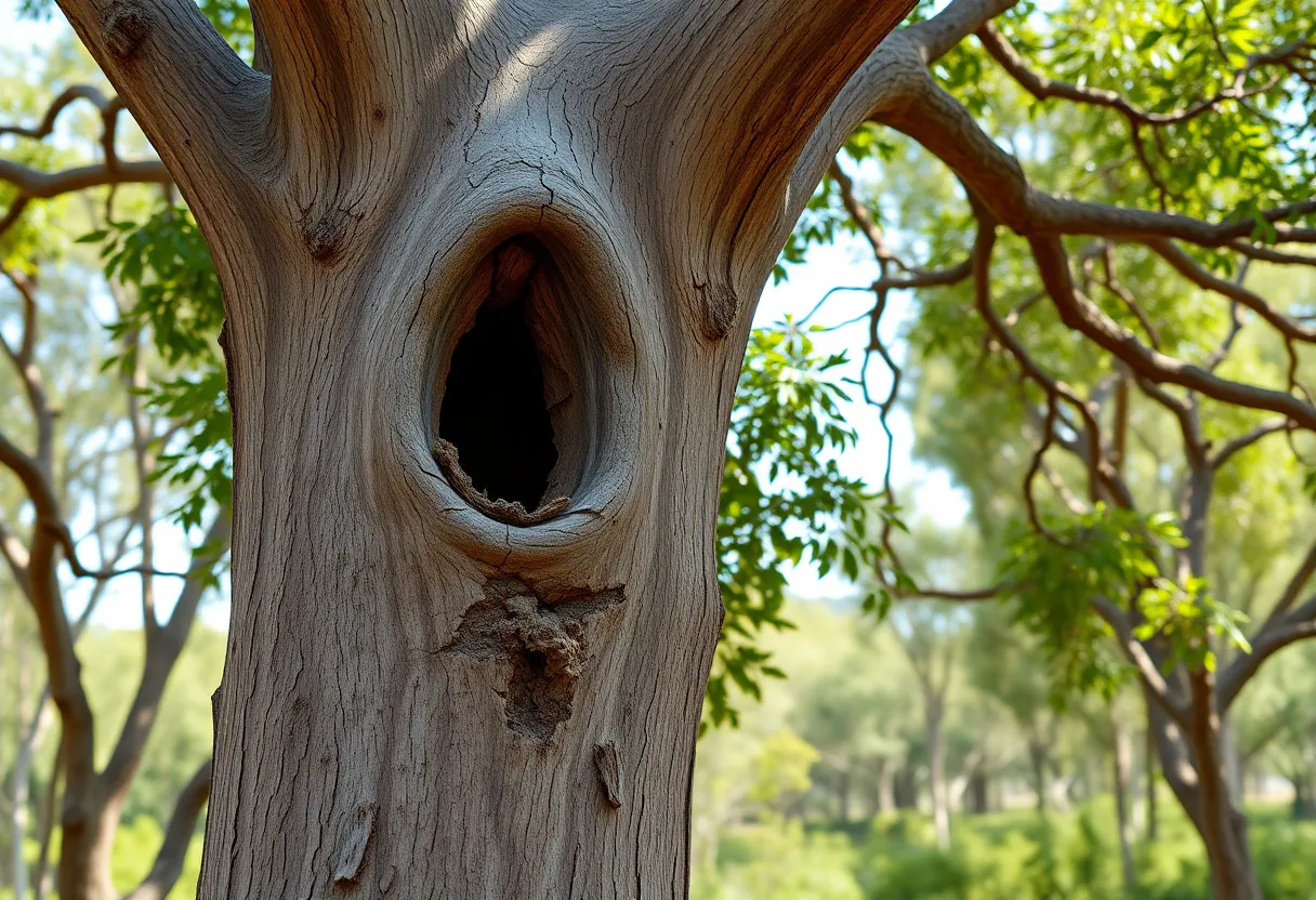 Close-up of an oak tree showing signs of invasive beetle infestation in Los Angeles County.
