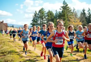 Young athletes competing in a cross-country race at the Brooks XC Championships.