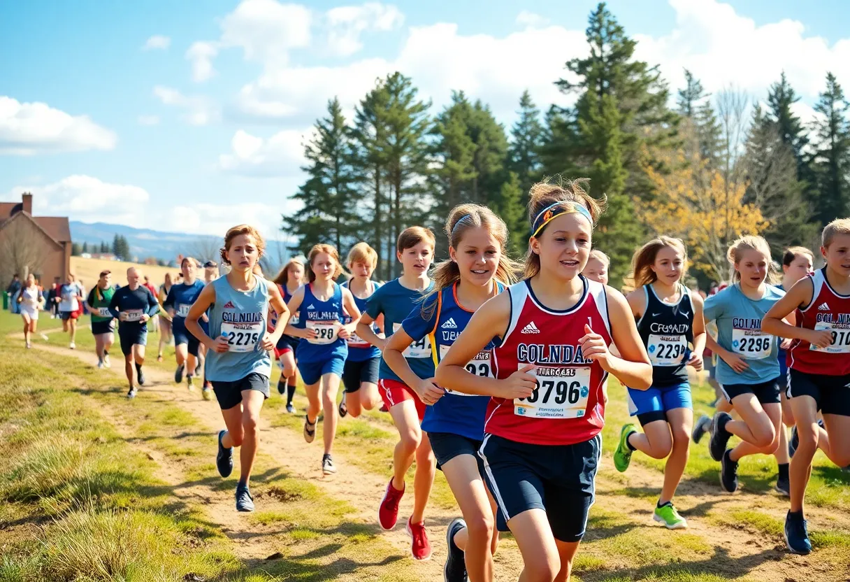 Young athletes competing in a cross-country race at the Brooks XC Championships.