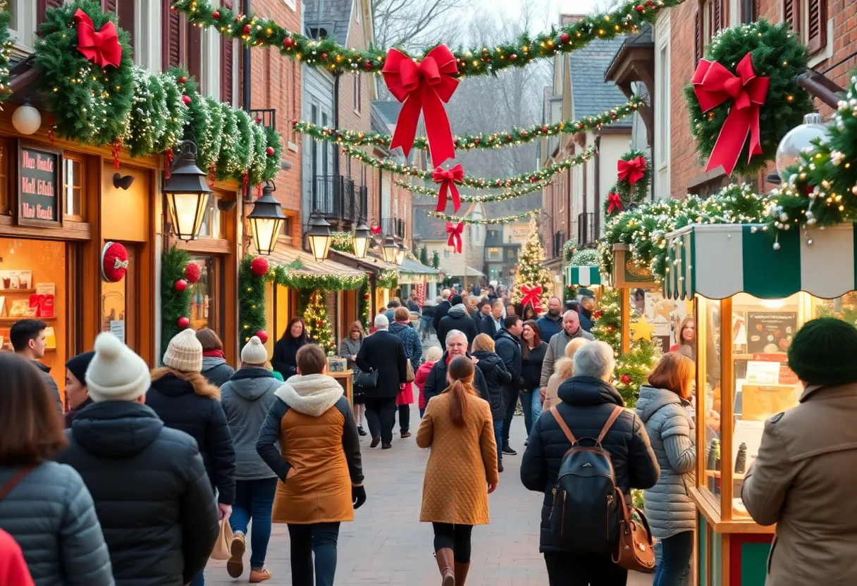Festive holiday scene at La Jolla Holiday Open House with people enjoying decorations and activities.
