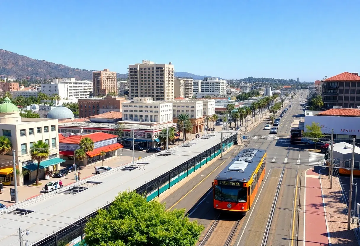 Urban landscape of La Jolla showcasing trolley stations and housing developments