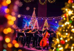 Musicians performing at Mannheim Steamroller Christmas concert with multimedia effects.
