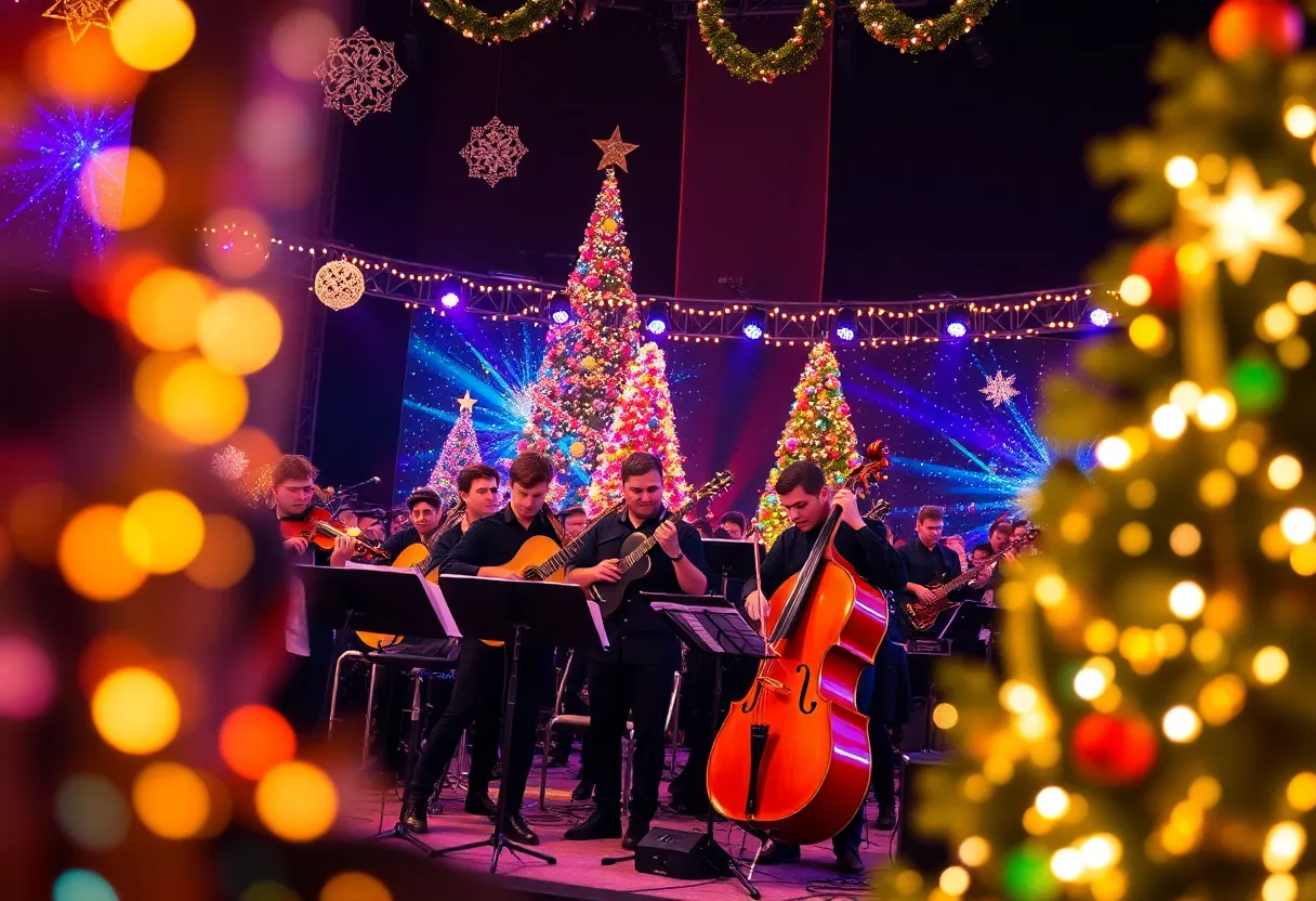 Musicians performing at Mannheim Steamroller Christmas concert with multimedia effects.