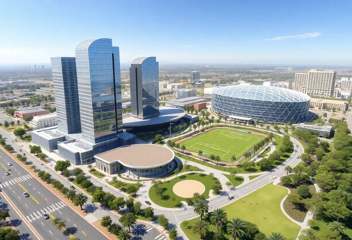 Conceptual image of Midway Rising project in San Diego with sports arena and housing units