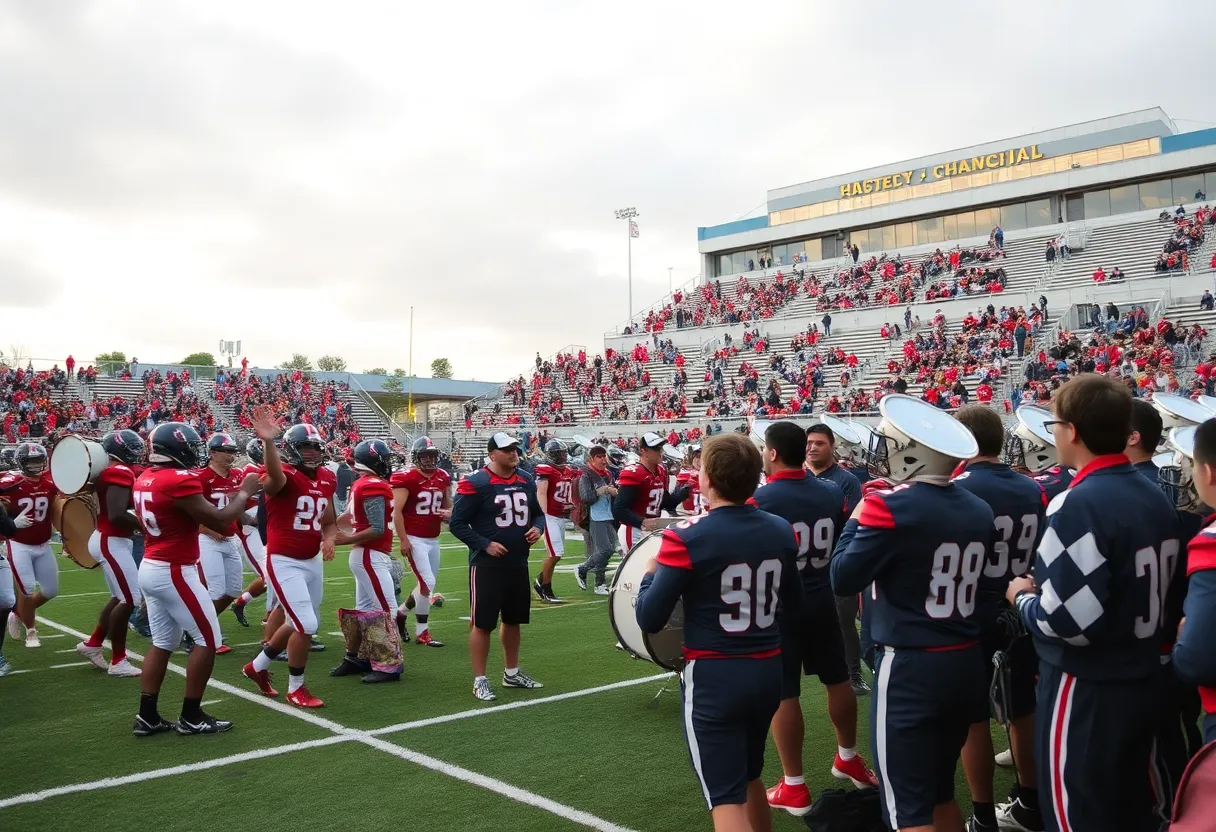 Players from Morse High School celebrate their football championship victory with the drum corps performing in the background.