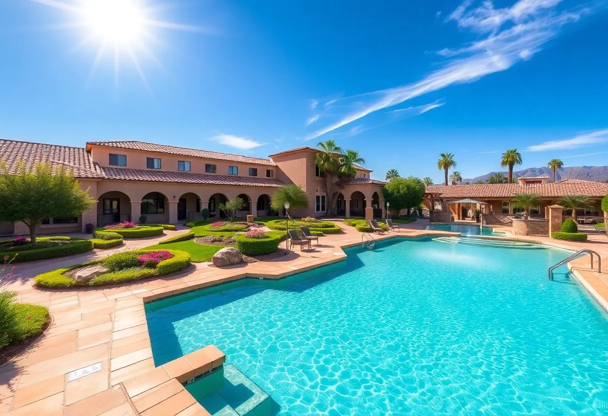 View of the revitalized Murrieta Hot Springs Resort with geothermal pools and Mediterranean architecture.