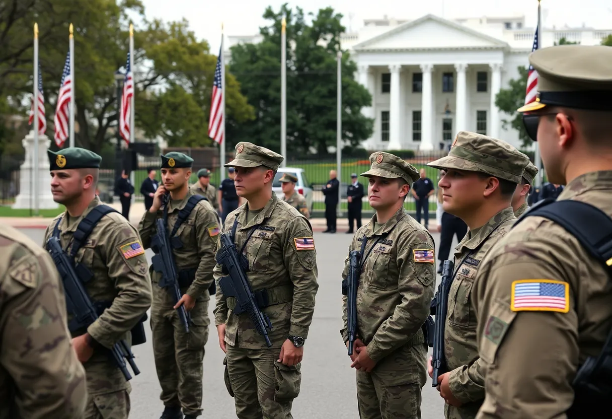 National Guard soldiers stand near the White House after a tragic shooting incident.