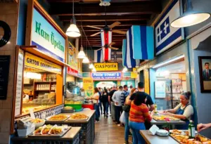 Interior of Nick the Greek restaurant with customers enjoying Greek street food.