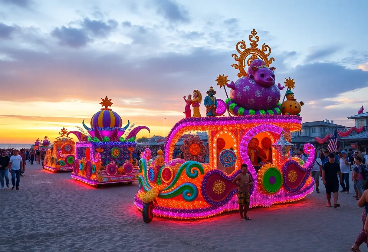 Ocean Beach Holiday Parade with colorful floats and festive crowd