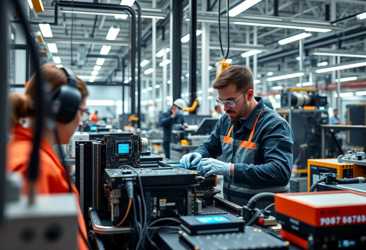 Manufacturing of AI hardware at a high-tech facility with workers and machinery.