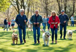 Dog owners walking their dogs at Encinitas Community Park during a Pack Walk event