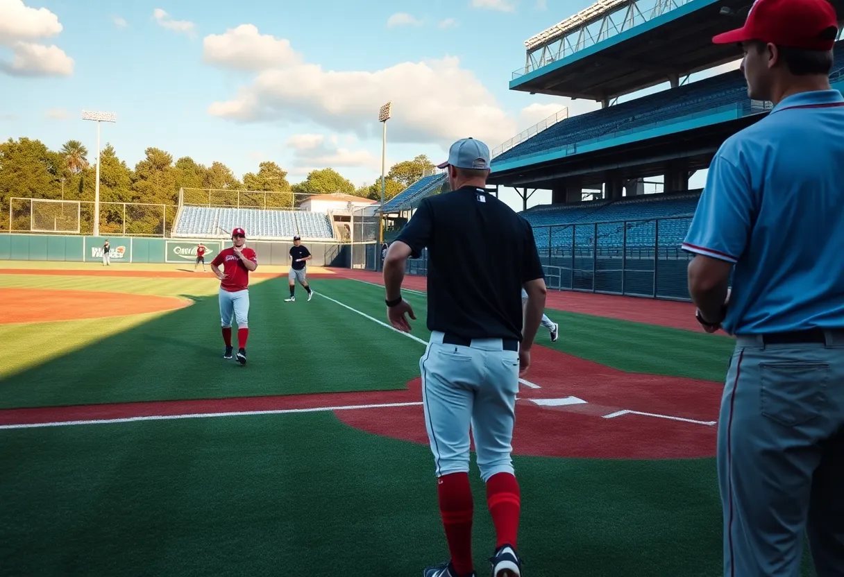 Baseball players practicing on a field