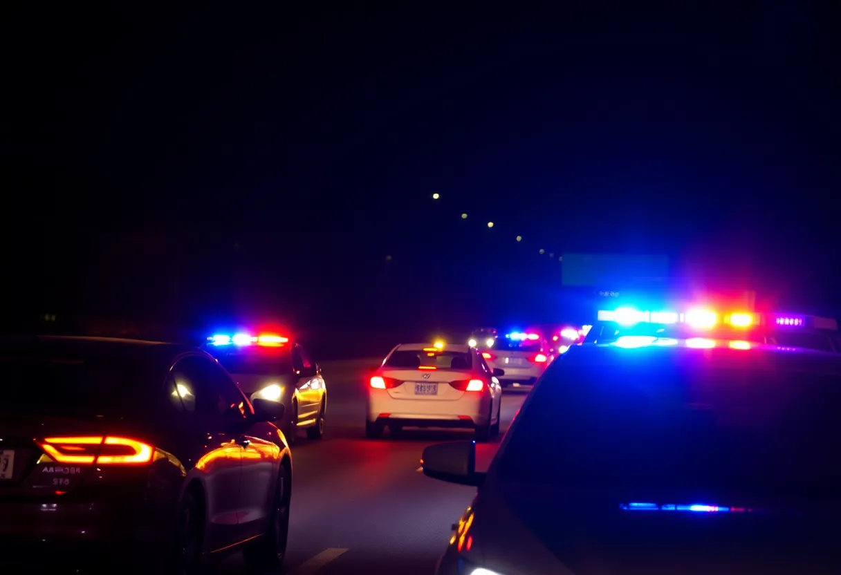 Law enforcement officers at the scene of a police pursuit investigation on the freeway.