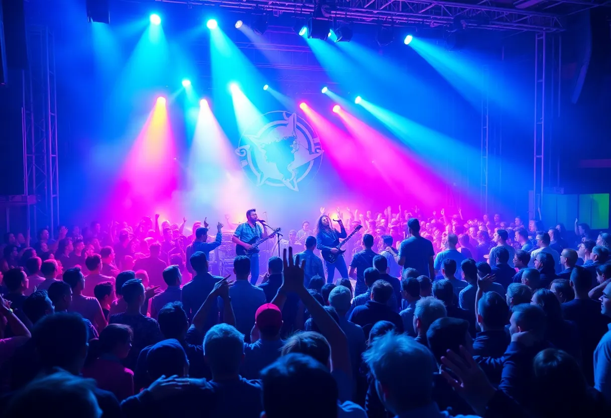 Powerman 5000 performing live at a concert with an engaged audience.
