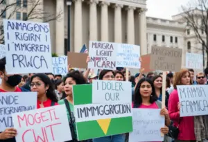 A diverse group of protestors advocating for immigration rights in front of a government building.