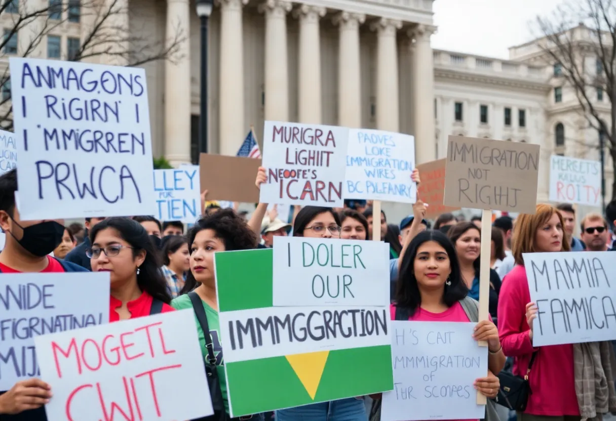 A diverse group of protestors advocating for immigration rights in front of a government building.