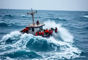 Emergency responders conducting a rescue operation in the ocean following a boat capsizing incident.