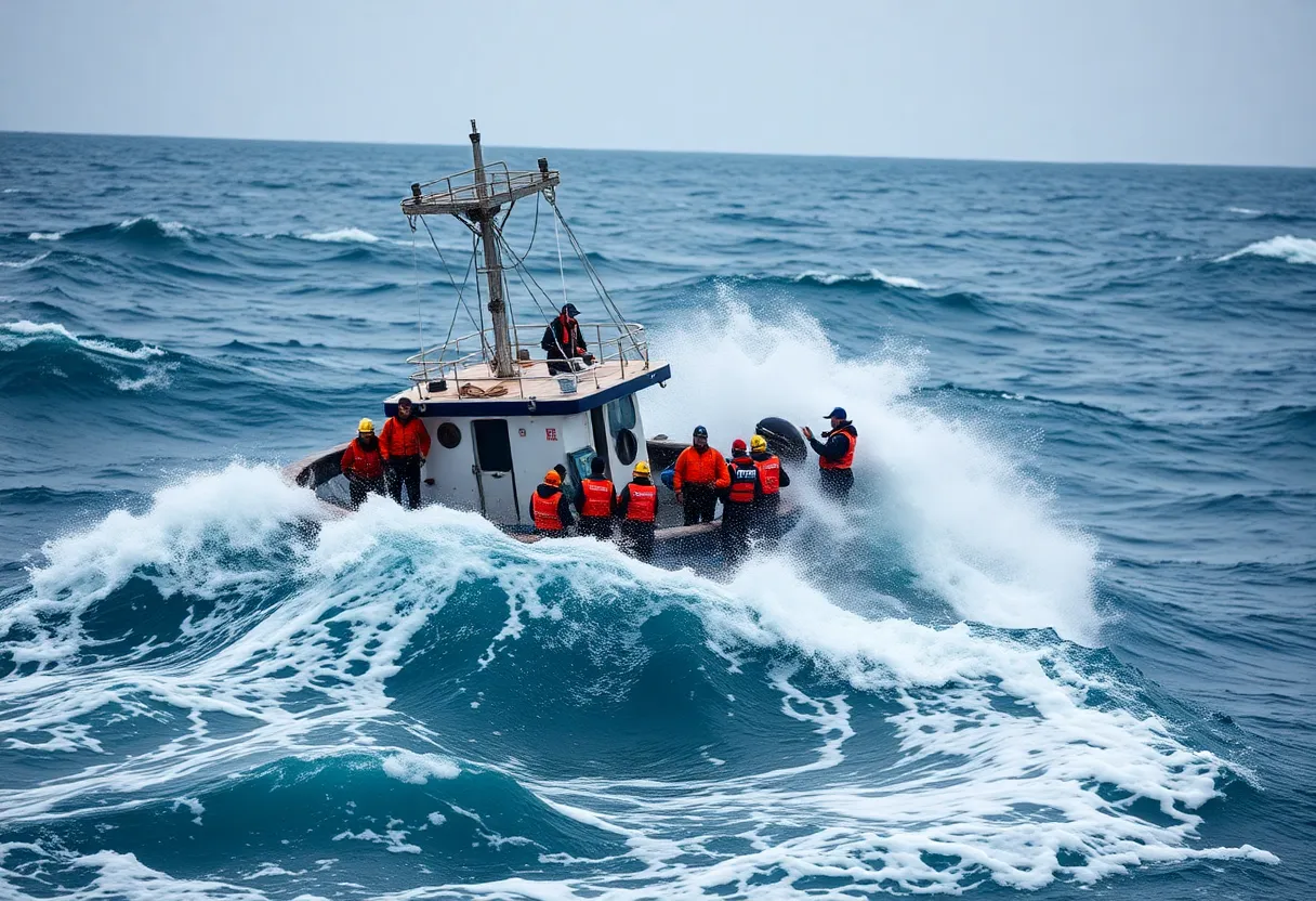 Emergency responders conducting a rescue operation in the ocean following a boat capsizing incident.
