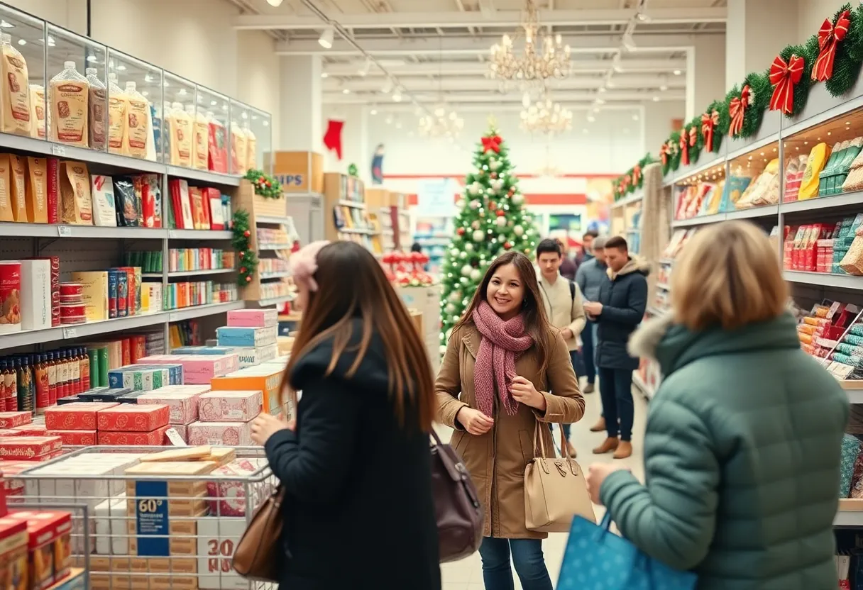 A busy retail store filled with customers shopping for the holiday season.