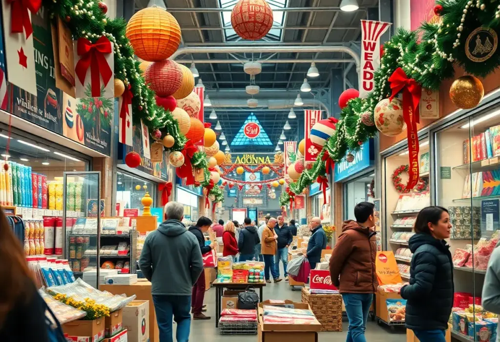 Holiday shopping scene showcasing international products and logistics challenges