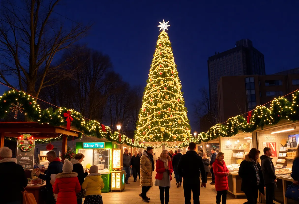 Families enjoying the holiday festivities at Liberty Station with a large tree in the background.