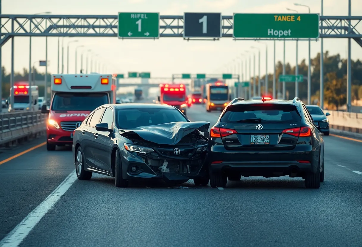 Scene of a freeway collision in San Diego with police cars and an ambulance.
