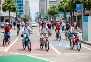 People riding electric bicycles in San Diego's bike lanes