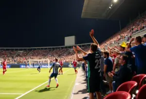 Fans cheering during a San Diego FC match at Snapdragon Stadium.
