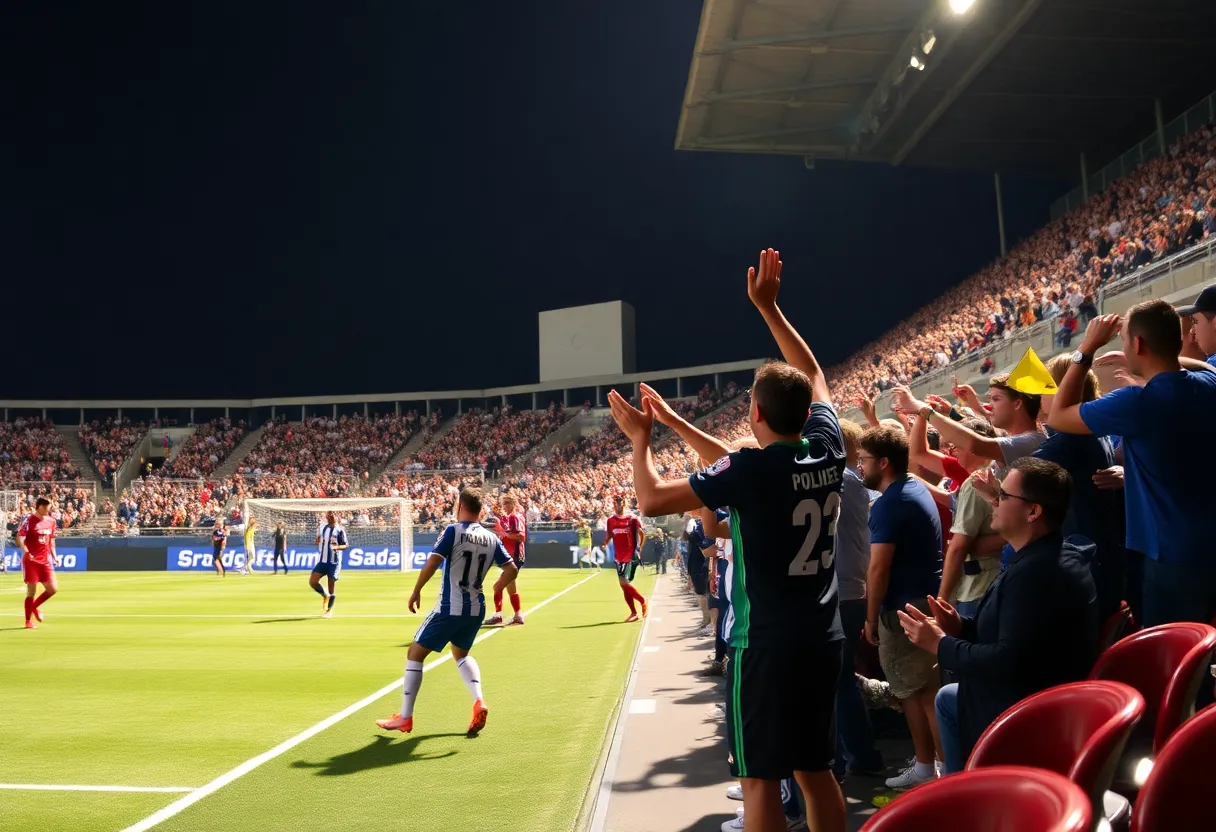 Fans cheering during a San Diego FC match at Snapdragon Stadium.