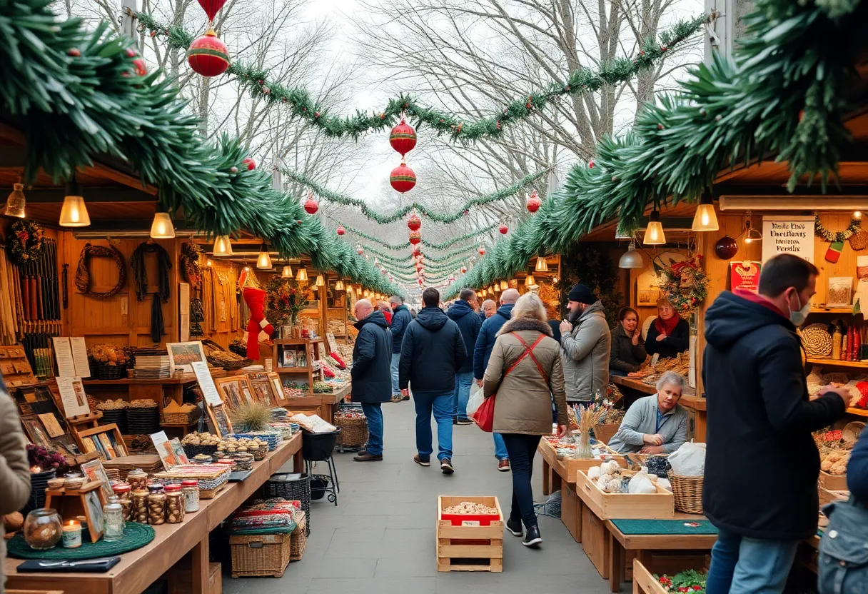 Outdoor scene of the San Diego Holiday Market with artisans and handmade crafts.