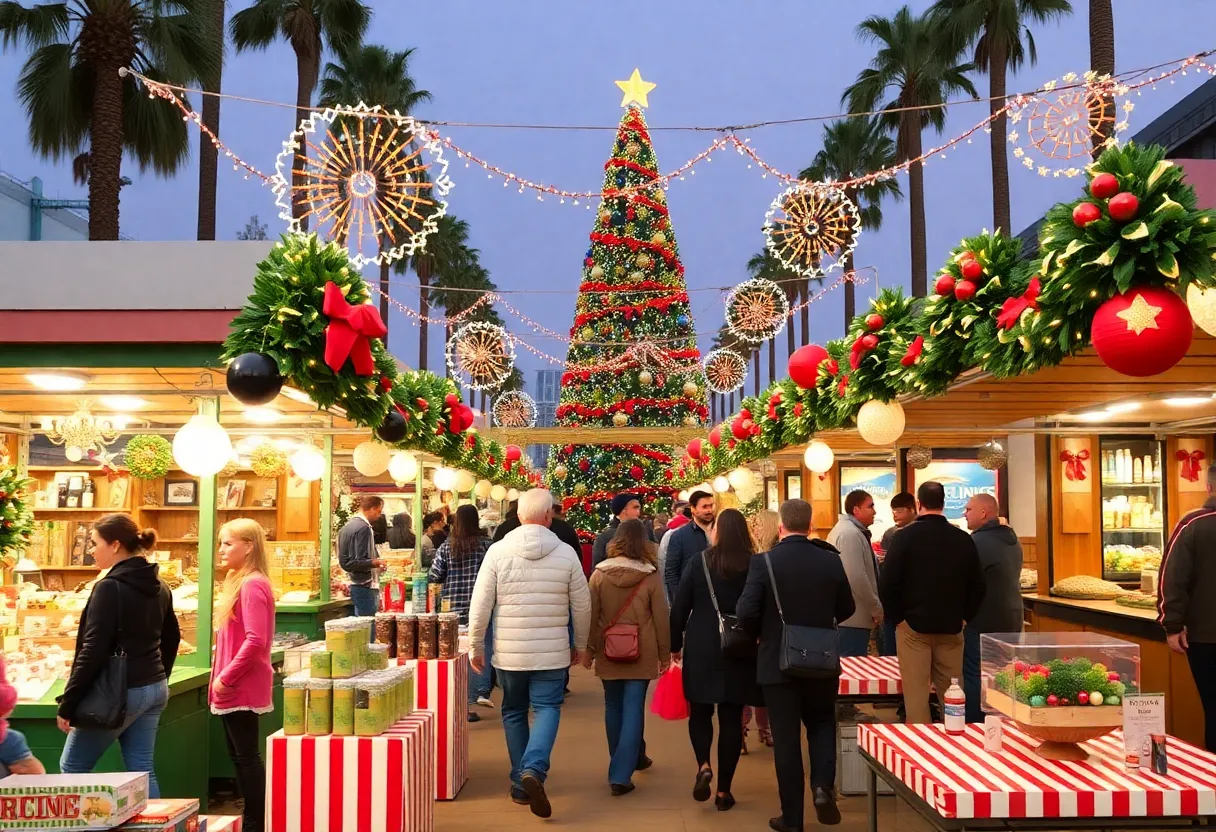 Families enjoying festive activities at a holiday market in San Diego.
