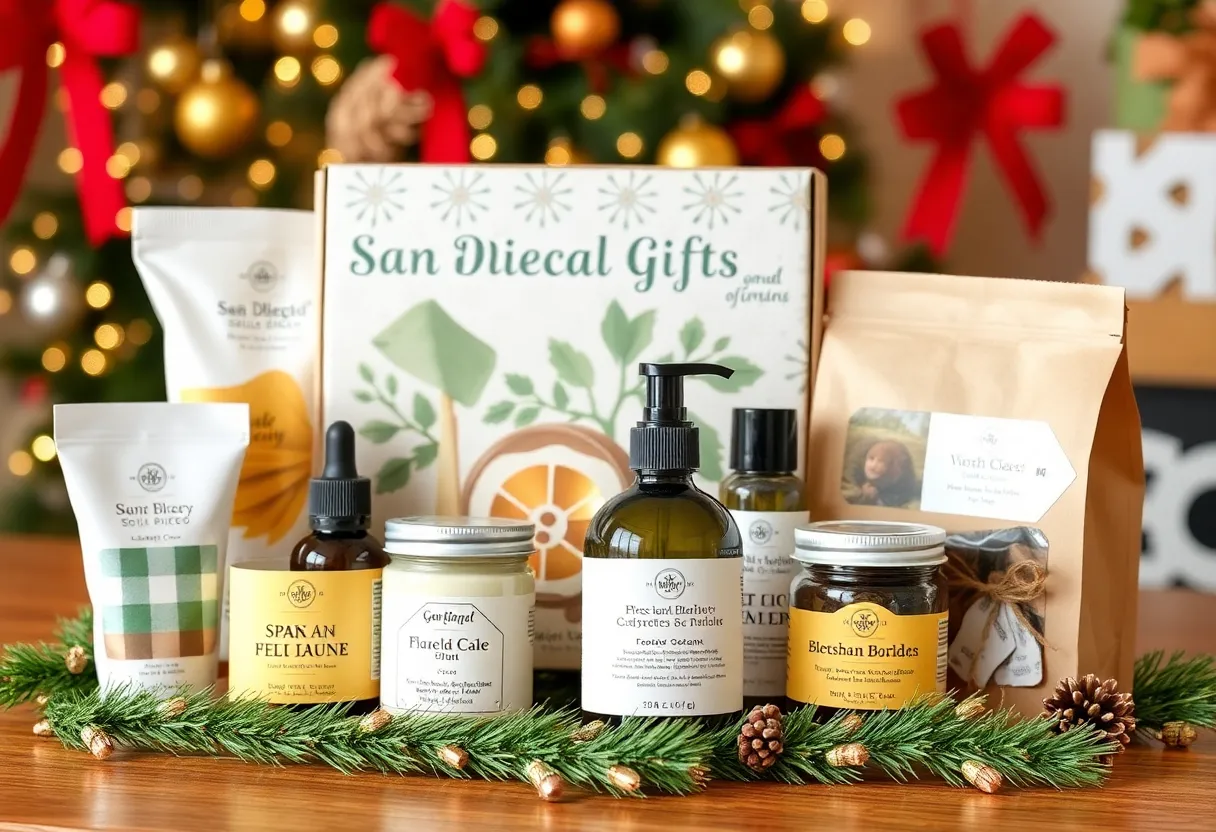 Unique local gifts from San Diego displayed with holiday decor