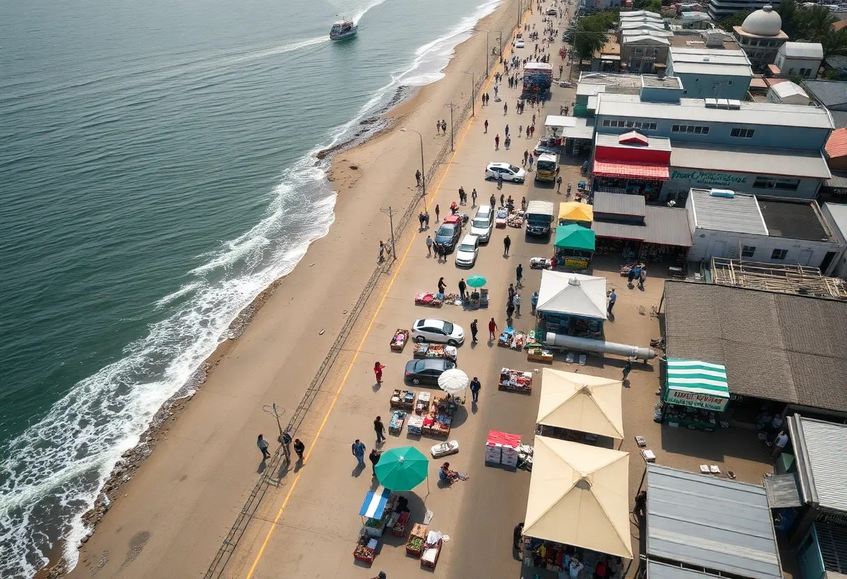 Aerial view of San Diego-Mexico border with trade activities.