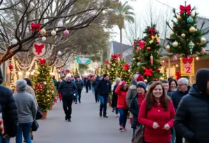 Community holiday event in San Diego with decorated trees and festive atmosphere