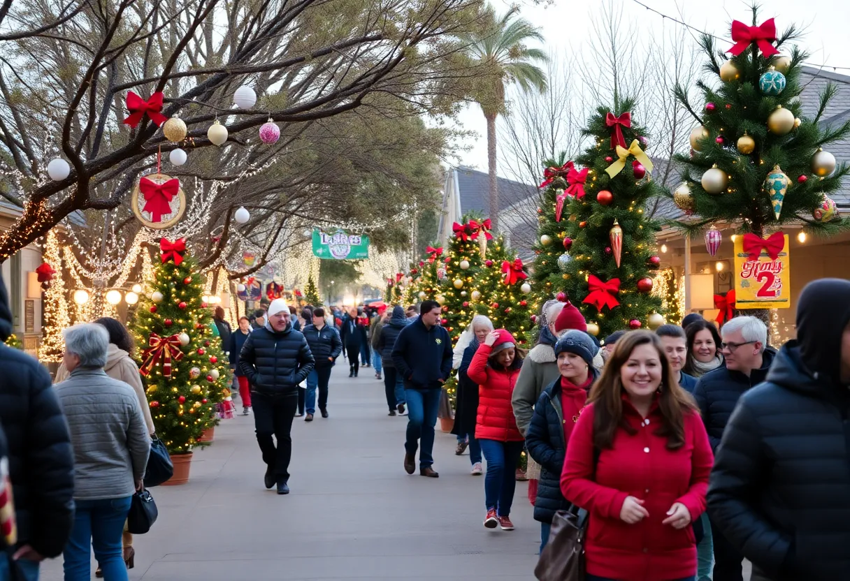 Community holiday event in San Diego with decorated trees and festive atmosphere
