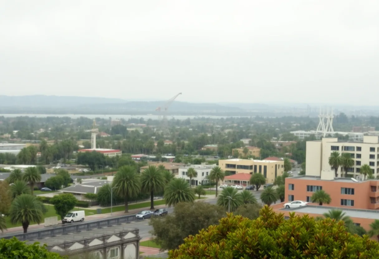 A view of San Diego during light rain showcasing the city's landscape.