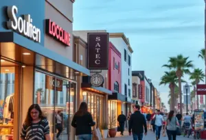 A bustling retail shopping scene in San Diego, highlighting various consumer experiences.