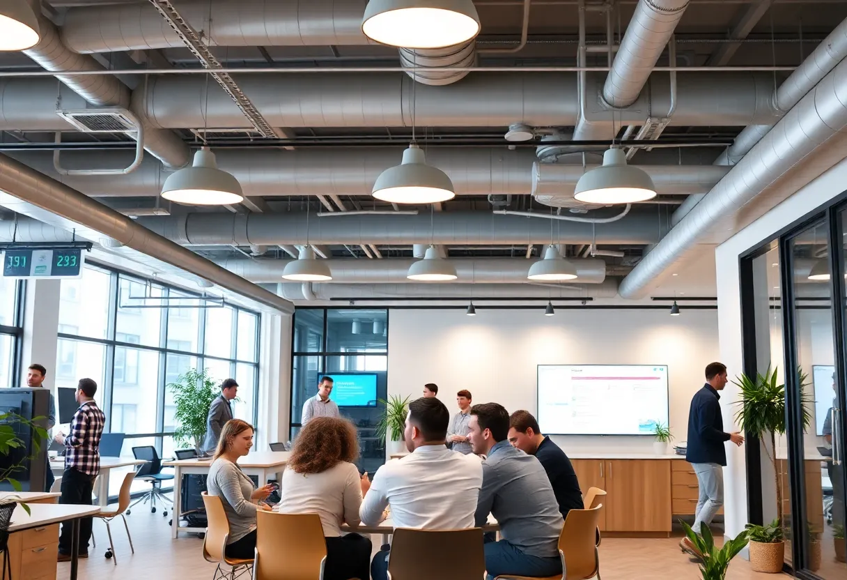 Entrepreneurs in a San Diego startup office discussing their projects