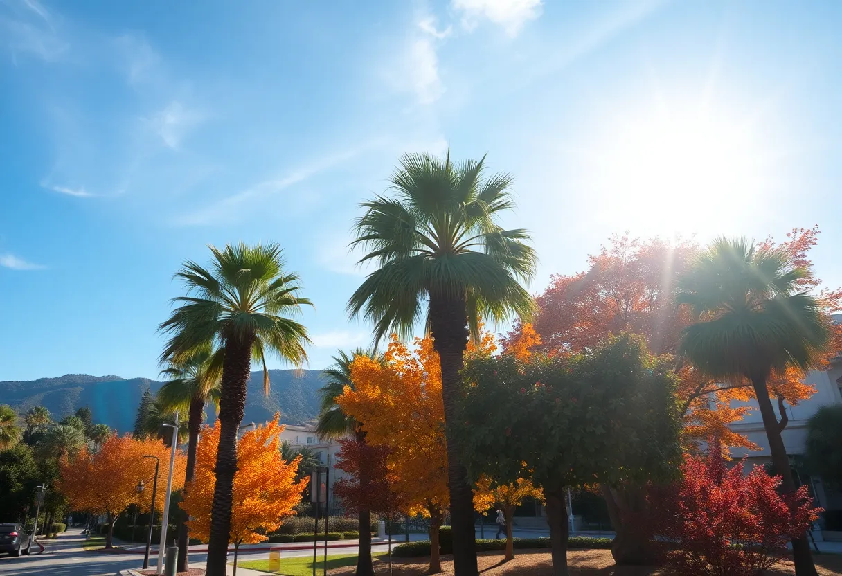 Sunny San Diego during Thanksgiving week with blue skies and palm trees