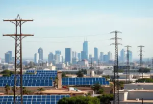 San Diego skyline with solar panels and utility poles