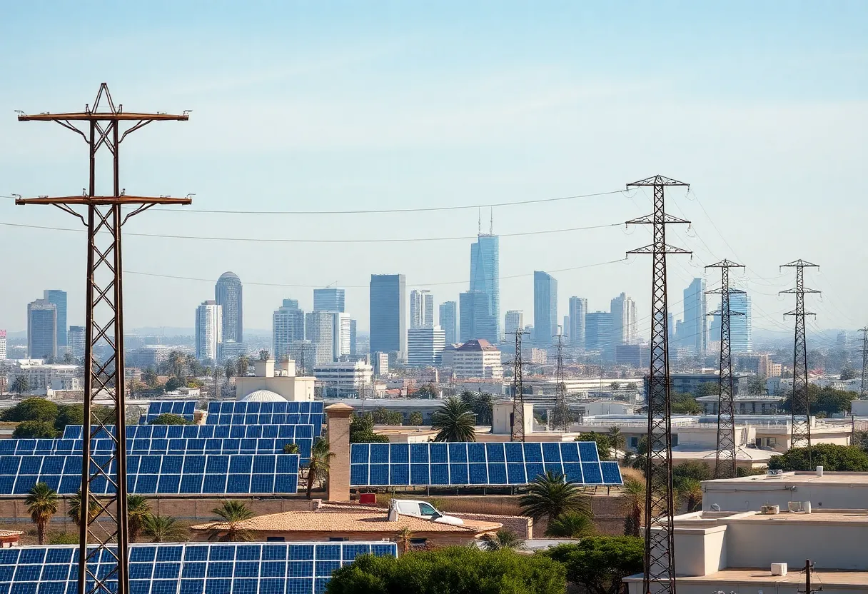 San Diego skyline with solar panels and utility poles