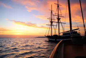 Tall ship Schooner Californian sailing against a colorful sunset.