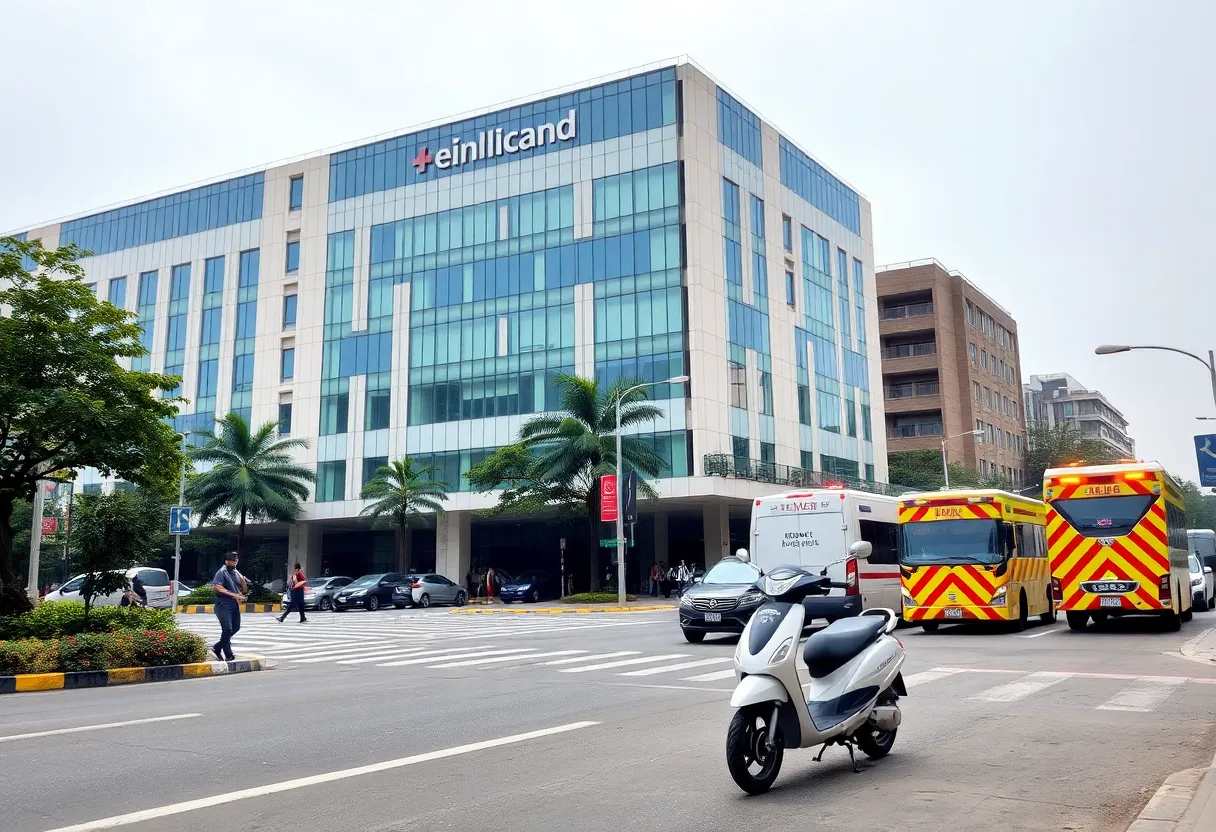 Emergency responders attending to a scooter crash near a hospital