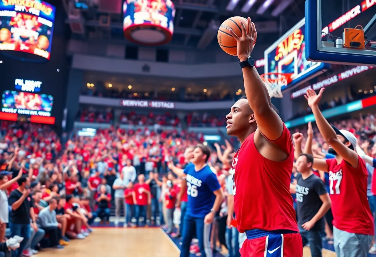 Basketball players in action during the San Diego State vs. Michigan game in Las Vegas