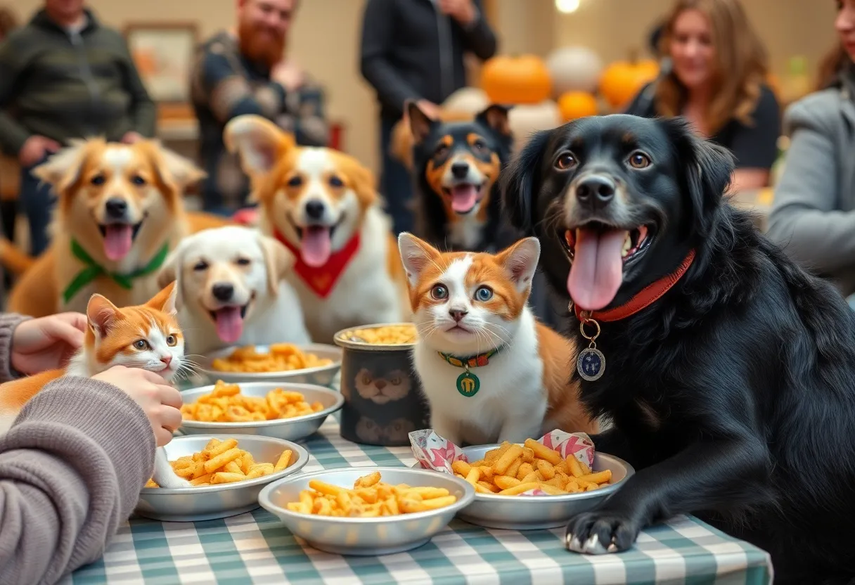 Shelter dogs and cats feasting on festive pet-friendly meals at the San Diego Humane Society.