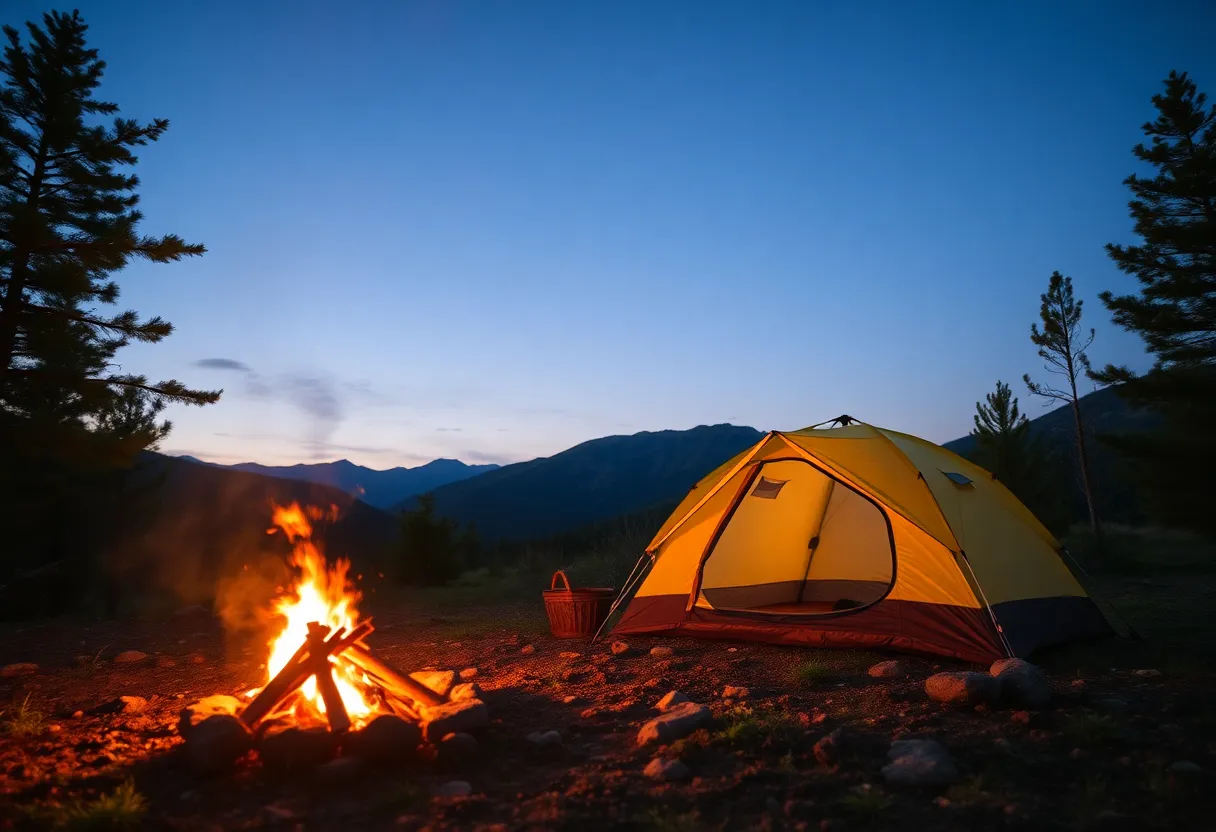 A peaceful camping scene with a tent and nature backdrop