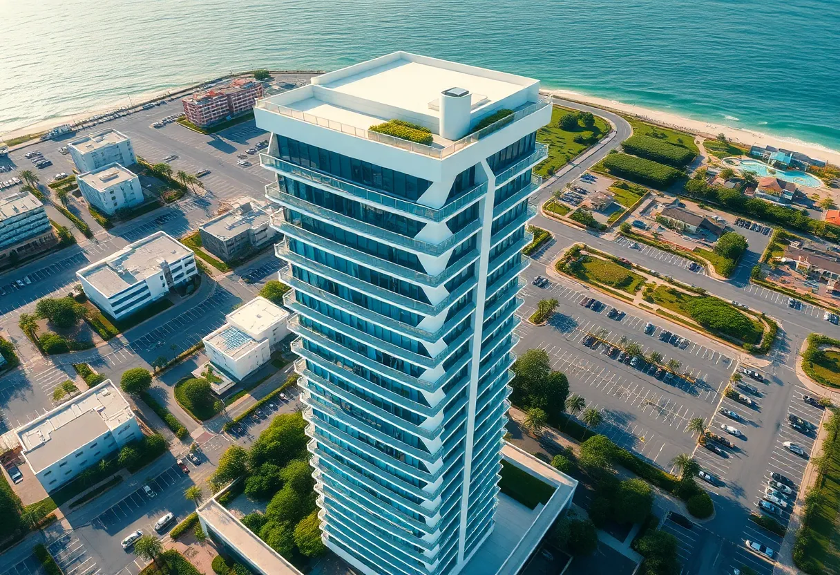 Aerial view of Sony Electronics' headquarters in Rancho Bernardo, featuring an office tower and parking.