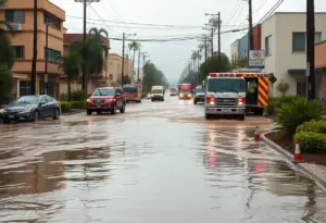 Flooded streets during the Southern California storm with visible mudslides.